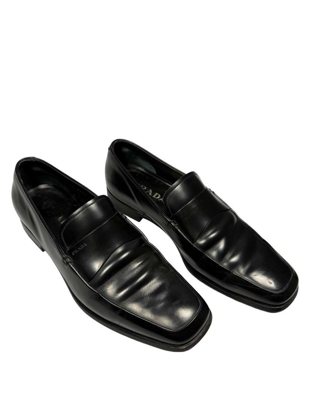 Prada Mens 8 Black Leather Penny Loafers Square Toe Slip On Shoes Italy Luxury